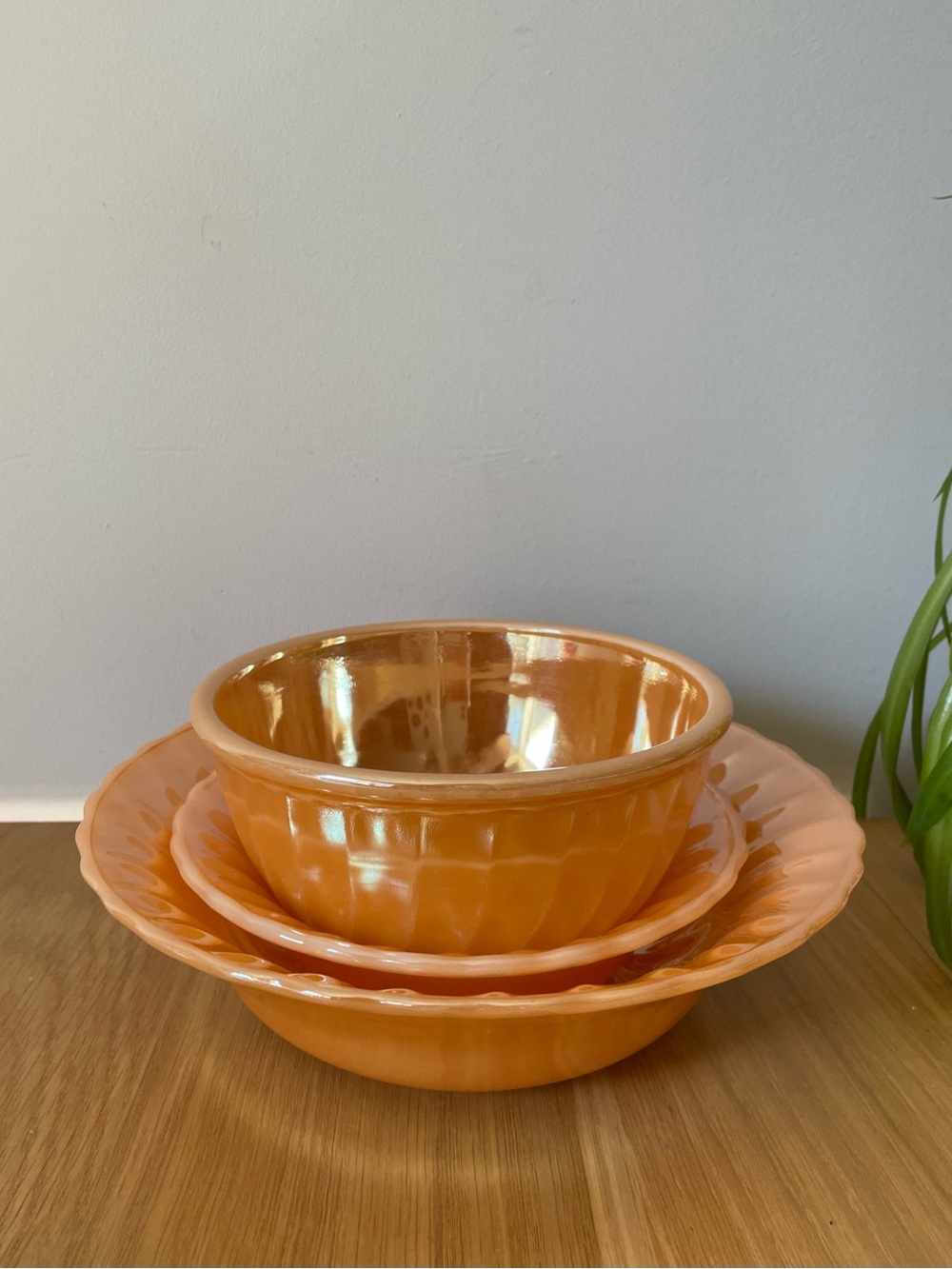 Vintage Mid-century Fire-King Peach Lustre Swirl Ceramic Bowls Set of 3